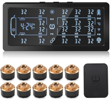 KAOLALI Reifendruckkontrollsystem für Anhänger, RV-Reifendruckkontrollsystem mit 10 Sensoren, 6 Alarmmodi, 7-Zoll-Farbdisplay, mit Signalverstärker TPMS für Wohnmobile, Anhänger, LKW (0-188PSI)