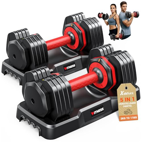 XDDIAS Verstellbare Hanteln Set 2 bis 11 kg/6,5 bis 24,5 kg – 5-in-1 Kurzhanteln mit 1 Sekunde Schnellverstellung, Platzsparende Dumbbell Set mit Rutschfestem Griff für Home Gym Gewichte Hantel