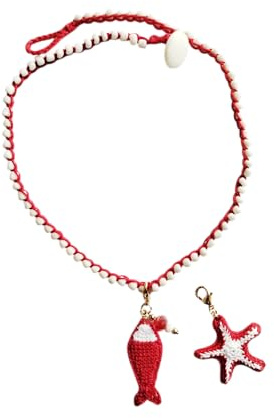 Meraki Studio Collana all'Uncinetto con Pesce e Stella Marina – Rosso e Bianco – Regolabile, Gioiello Trasformabile 2-in-1, 100% Cotone Italiano
