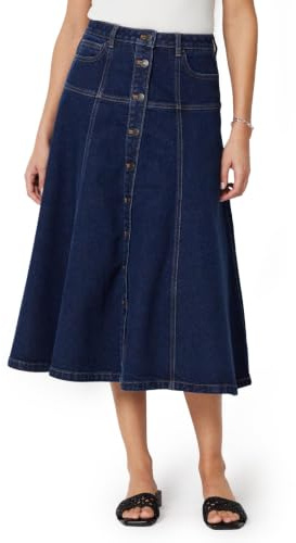 Amazon Essentials Femme Jupe midi évasée boutonnée en Jean Taille Montante