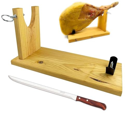AMZSystems Jamonero de Madera Profesional Tipo Gondola Soporte Corte Pata y Paleta de Jamon iberico Serrano con Agarre metalico Facil Montaje Fabricado en España (Jamonero + Cuchillo)