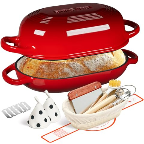Enameled Cast Iron Sourdough Bread Oven, Dutch Oven, incl. Sourdough Bread-Baking Supplies like Banneton Bread-Proofing Basket - 5QT Loaf Cast Iron Bread Pan for Homemade Bread Baking, Red Meatloaf Pan with Lid