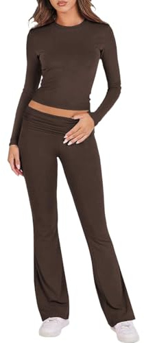 Vhersily 2025 Tuta da Donna Casual 2 Pezzi a Maniche Lunghe Aderente Crop Top Svasati a Vita Bassa Pantaloni Lounge Set Yoga Sportivo Tennis Jogging Tuta Sportiva Activewear per Allenamento e Palestra