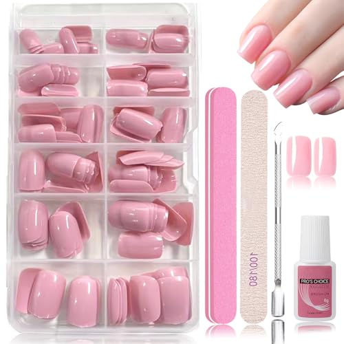 Virellay 120 Stück Rosa Natürlich Short Quadrat Künstliche Nägel, Glänzende Künstliche Fingernägel Zum Aufkleben, Falsche Nägel Mit Voller Deckkraft, Fake Nails mit Nagelkleber für Frauen (Rosa, Kurz)