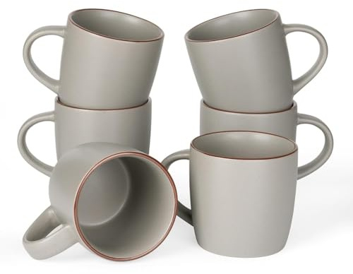 Richmount Mercury Coffee Mugs Sets of 6, 13oz/370ml Stoneware Tea Cups with Large Handle and Burgundy Trim for Latte/Cappuccino/Milk/Cocoa/Tea, Microwave & Dishwasher Safe, Dark Grey