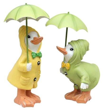 Qianly Ensemble de 2 Figurines de Canards avec Parasols, Décorations de Jardin Animalières, Sculptures de Patio En Résine