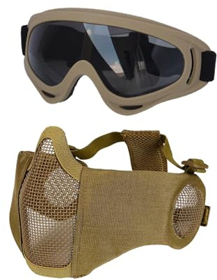 Ensemble de Masques D'airsoft, Masque Demi-Visage en Filet avec Protections Auditives et Lunettes de Protection, pour Hommes et Femmes, Tir Au Paintball CS Cosplay(Brown)