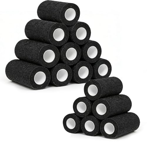 16 Rouleaux de Bandage Autoadhésif Noir Tattoo Grip Tape 7,5 cm × 4,5 m | Bande Élastique, Respirante et Facile à Déchirer, Idéale pour Strap Sportif, Poignées de Machine, Doigts, Poignets et Pieds