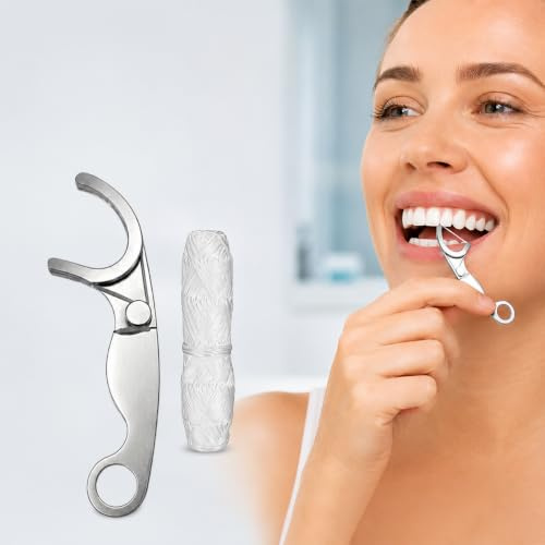 Púa de hilo dental de acero inoxidable, soporte de hilo dental de metal reutilizable con llavero de bucal, herramienta portátil de cuidado bucal para viajes, varita dental de metal, regalo de cuidado