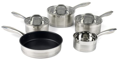 Salter BW06746 Timeless 5 Piece Pan Set - Induction Hob Cooking Pots, Stainless Steel Cookware, 16, 18, 20 cm Saucepans, Milk Pan and 24cm Frying Pan, Includes Tempered Glass Lids, Easy Grip Handles