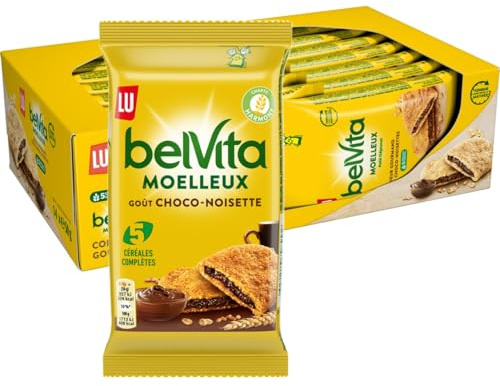 LU BELVITA - Moelleux Petit Déjeuner Coeur Gourmand au Chocolat Noisettes - Biscuit aux 5 Céréales Complètes Sachets Individuels - Présentoir de 14 Sachets de 50 g (L'emballage peut varier) | 14 Sachets de 50g | Biscuit moelleux aux 5 céréales complètes avec cœur chocolat noisettes | Idéal pour le petit déjeuner