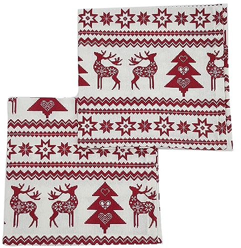 Christmas Napkin - Cotton Napkins for Christmas-Themed Dining Table Setting & Silverware - Nordic Red Reindeer Napkins - Ragged Rose Gift Wrapped Cloth Napkins Set of 4-40 cm x 40 cm