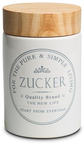KHG Zuckerdose Keramik Steingut Weiß Holzdeckel Bambus, Vorratsdose Zucker für ca. 1 kg feinen Zucker, Zucker-Aufbewahrung rund, Oberfläche glänzend glasiert Emaille, luftdicht, beschriftet