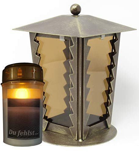 Grablaterne Stahl mit Parsolglas und Zackenfenstern inkl. LED-Kerze 21 cm (Bronze)