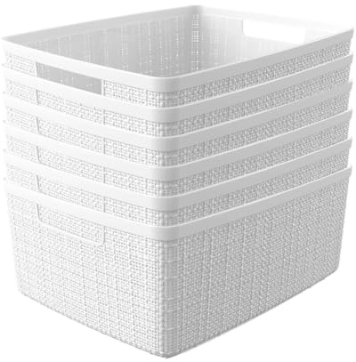 Curver Set of 6 Medium 12L Jute Decorative Plastic Organization and Storage Baskets - Perfect Bins for Home Office, Closet Shelves, Kitchen Pantry and All Bedroom Essentials, White
