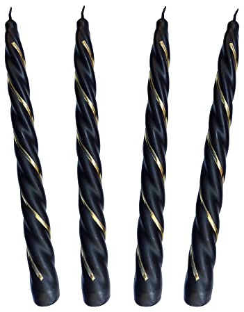 Auswahl Farbe + Menge - gold verzierte Spiralkerze Spitzkerze Stabkerze Renaissancekerze Tafelkerze Leuchterkerze ca. Ø 22 x 220 mm gedreht hier: 4 Kerzen schwarz (matt) / gold