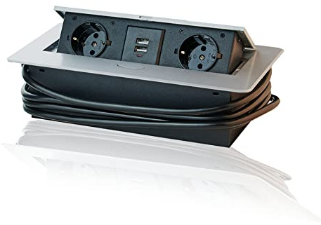Steckdose versenkbar 2 Schuko Stecker/ 2 USB. Einbausteckdose mit 3 m Kabel für Küche, Büro. Platzsparende Anordnung der Steckplätze, 250V AC, IP20, schwarz, Silber, max 3600 Watt