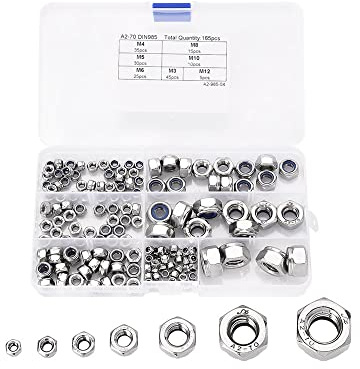 Set di 165 dadi esagonali esagonali, in acciaio inox 304 metrico con dado autobloccante con inserto in nylon per bullone/filettatura Fsatener (M3/M4/M5/M6/M8/M10/M12)