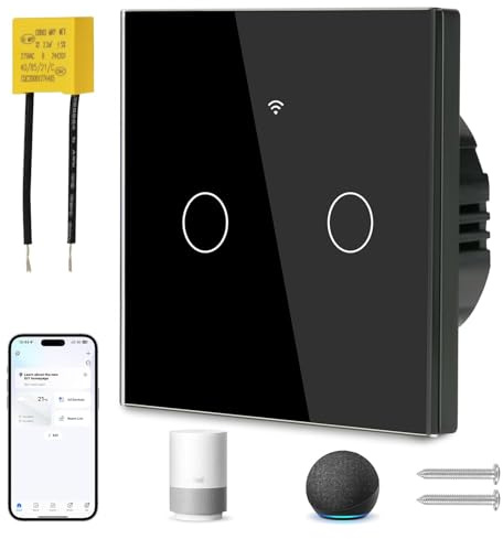 proAMEDEN Interruptor de luz inteligente WiFi 2/Gang NO NECESITA NEUTRO, panel de vidrio, interruptor táctil WiFi 2,4 GHz, control remoto Smart Life/Tuya, funciona con Alexa, Google Home, Negro[1pc].