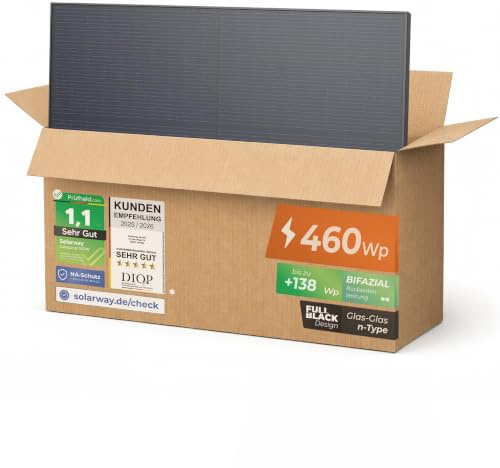 Solarway 460W Solarpanel Full Black Bifazial Glas/Glas PV Panel mit positiver Leistungstoleranz von 0-5 Watt, n-type, geeignet für Balkonkraftwerk