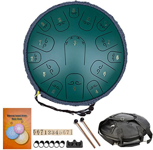 Tongue Drum 15 Töne 14 Zoll, Zungentrommel Schlagzeug Stahlzungentrommel Handpan Drum C-Dur Mit Trommelschlägeln Tragetasche Für Meditation Unterhaltung Konzert Yoga,Grün