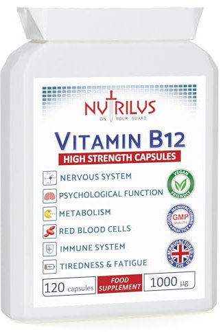 Nutrilus Vitamin B12 120 High Strength Capsules 1000µg - One Daily - not Tablets - High Bioavailability Methylcobalamin - Vegan Supplement - UK