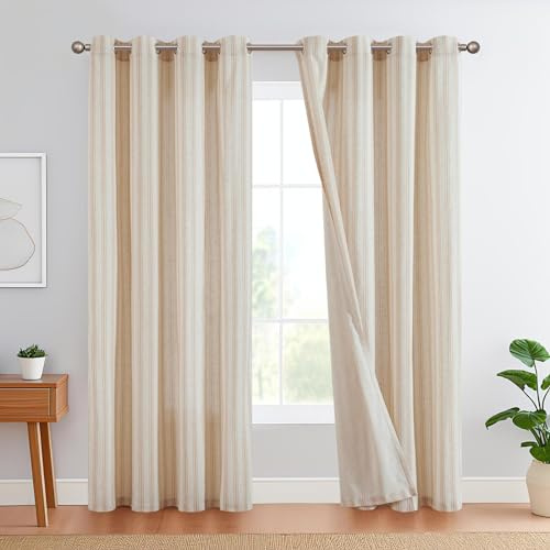 TOPICK Leinen Gestreifte Vorhänge Braun Streifen Gardinen mit Ösen Ticking Streifen Muster Leinenoptik Vorhänge Lichtfilterung für Wohnzimmer Nadelstreifen Gardine Blickdicht 2 Stück H245xB130cm