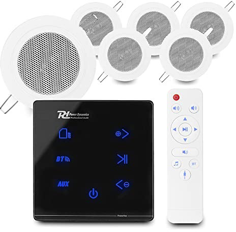 Power Dynamics A100B Bluetooth Ceiling Speaker System - Compact In-Wall Amplifier with 6x 3 CSBA3L Kitchen Ceiling Speakers, Small Home Audio Kit & Speaker Cable