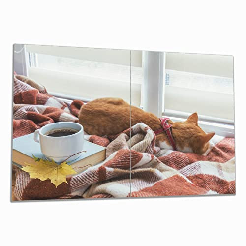 Wallario Herdabdeckplatte/Spritzschutz aus Glas, 2-teilig, 80x52cm mit 13 mm hohen Füßen, für Ceran- und Induktionsherde, Schlafende Katze beim Kaffeekränzchen