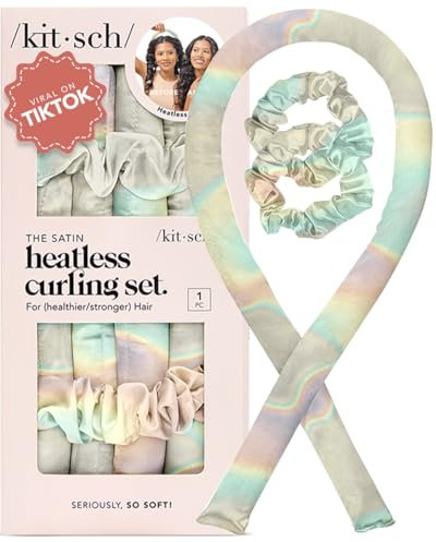 Kitsch Heatless Curling Set - Satin Heatless Curler, Heatless Curlers for Long & Short Hair, Hair Curler No Heat for Heatless Curls, Overnight Curls with 2 Satin Scrunchies & Blowout Rod - Aura