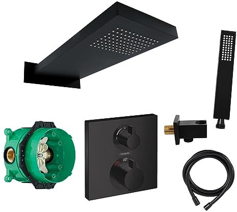 vanvilla Duschsystem mit Unterputz Duscharmatur von Hansgrohe und vanvilla Regendusche mit Armatur, Duschkopf eckig, Dusch-SET HGS45 schwarz matt beschichtet