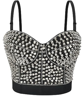 Silberne Nieten Spaghettiträger Gothic Push Up BH Steampunk Bralette Crop Top für Frauen Rave Rock Nachtclub Bar Büstenhalter Femme-Schwarz-XL