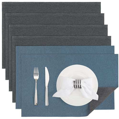 Banchif Tischsets abwaschbar doppelseitig Platzset Platzdecken abwaschbar | Platzsets abwaschbar Leinenimitat 6er Set doppelseitige Tischsets maschinenwaschbar rechteckig Platzdecken (Grau-Blau)