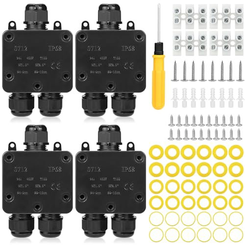 Pack of 4 Junction Box Waterproof 3-Way Junction Box Outdoor Waterproof Junction Box IP68 Electric Outdoor Distribution Box Earth Cable Terminal Box Connection Box for Diameter 4 mm - 15 mm Cable