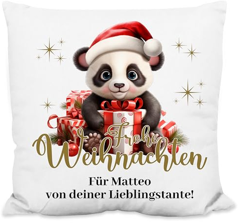 Weihnachtskissen personalisiert „Frohe Weihnachten!“ Panda-Motiv - 40x40cm, inkl. Kissen-Füllung – Deko Zierkissen Geschenk Weihnachten (Flauschiges Kissen)