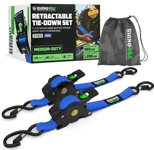 Sangles d'arrimage à cliquet rétractables (Paquet de 2) – résistance à la Rupture maximale de 540 kg, Comprend (2) Sangles d'arrimage Auto-rétractables de 2.5 cm x 3 m avec poignées rembourrées - Bleu