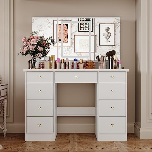 Caldion Schminktisch mit Beleuchtung, Kosmetiktisch mit 3 Spiegel, Schminktische Frisiertisch Kosmetikkommode mit 9 Schubladen Regale, für Wohnzimmer Schlafzimmer, Weiß,110x50x136cm