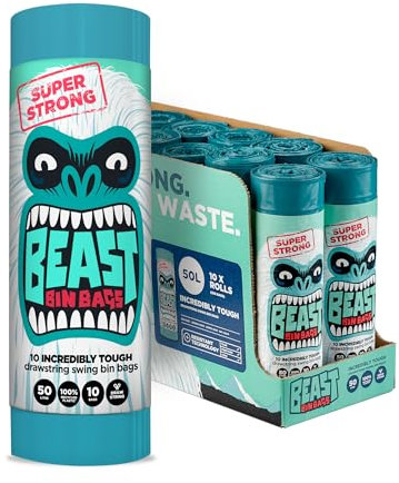 BEAST BIN BAGS, 10 Rolls of 10 x 50 Litre Bags (Total 100 Bags) - Made From 100% Recycled LLDPE - Incredibly Strong Drawstring Swing Blue Bin Bags