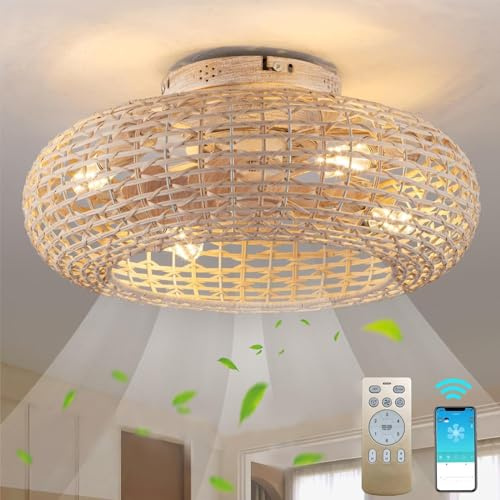 MiiR Deckenventilator Mit Beleuchtung Rattan E27 Lampe Mit Ventilator Mit Fernbedienung Und APP Leise 6 Wind Speeds Timer Deckenlampe Mit Ventilator Für Wohnzimmer Schlafzimmer Esszimmer Licht,50cm