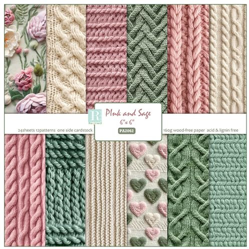 ZAKHSE Motivpapier 15,2x15,2cm, 48 Blatt Designpapier Gestrickte Textur Musterpapier, Einseitig Bedruckt Bastelpapier Bunt, 12 Designs, Rosa Grün Scrapbook Papier Dekopapier für Kartenherstellung