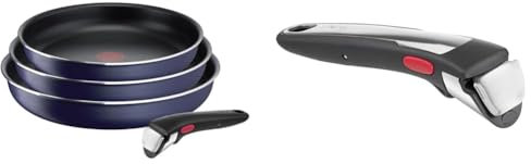 Tefal Ingenio Lot de 3 poêles 22/24/26 cm + poignée amovible, Pas d’induction, Revêtement & Ingenio Poignée amovible Premium noire, Empilable, Verrouillage sécurité 3 points
