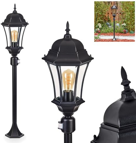HOFSTEIN Luminaire d'extérieur Etoe, lampadaire avec détecteur de mouvement en métal/verre noir/transparent, lampe d'extérieur au look antique, hauteur 116 cm, éclairage de jardin IP44, 1 x E27, sans