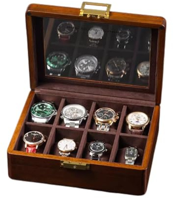 Boîte à montres en bois massif 8 emplacements avec couvercle en verre - Boîte de collection en noyer pour homme et femme - Support de rangement de luxe en bois de noyer