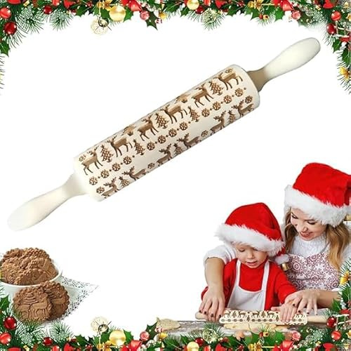 BNGXR Weihnachts-Nudelholz, 3D Präge Nudelholz mit Weihnachts-Rentier-Muster, Naturholz-Holz-Nudelholz Zum Backen von Geprägten Keksen Küchenwerkzeug Fondant Nudelteig Gebäck