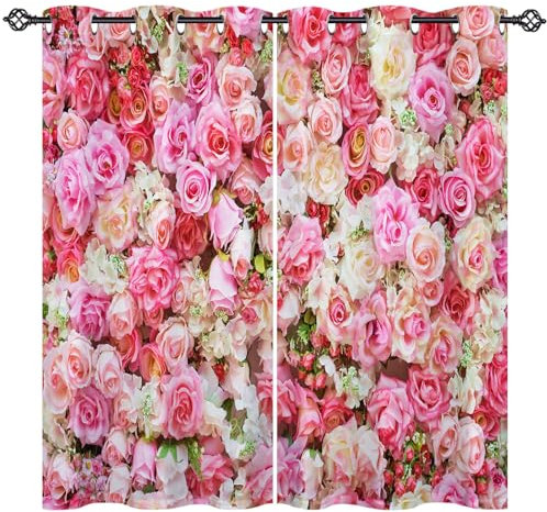 ANHOPE Rose Curtains Eyelet Blackout Thermal Insulated Curtains Pink Red Rose Flower Print Pattern Soundproof Privacy Window Drapes for Kids Girls Bedroom Living Room 46 x 54 Inch 2 Panels