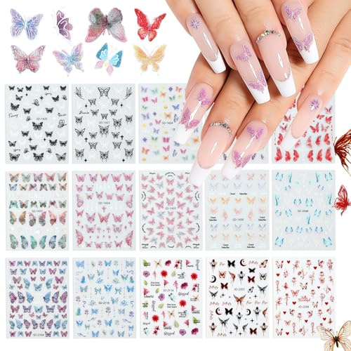 Nicedeco Nagelklistermärken Fjäril 3D 15 Ark Självhäftande Nagelkonst Klistermärken - 002