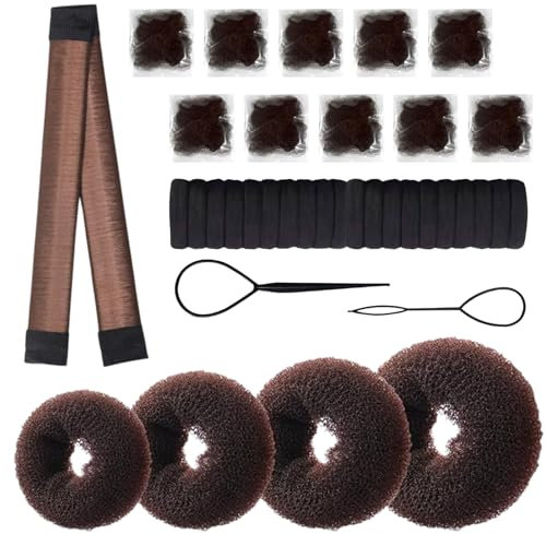 KEYRI 37 PCS Hair Bun Maker Set Hair Donut Brown Hair Nets for Buns Hair Bun Shaper for DIY Hair Styles Hair Braider Gadgets for Women Hair Braiding Kit Doughnuts for Women and Girls (Brown)