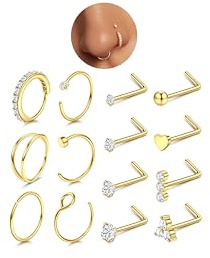 CASSIECA 20G Nasenpiercing Chirurgenstahl Hypoallergen L-förmiger Nasenpiercing Stecker Nasenstecker 1,5/2 /2,5/3 mm Zirkonia Fake Nasenring Nase Hoop Nostril Piercing Schmuck Gold,14 Stück