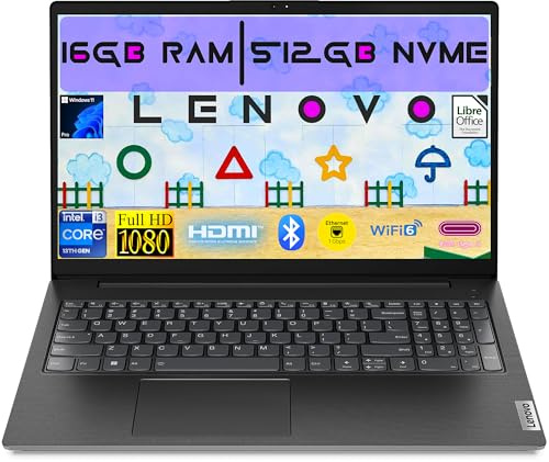 Lenovo Notebook V15 G4, Display 15.6'' Full HD, CPU Intel i3-1315U, Ram 16 GB DDR4 3200MHz, 512 GB SSD NVMe, Windows 11 Pro, Wi-Fi 6, + BT5.2, Gigabit Ethernet, Portatile Pronto All'Uso