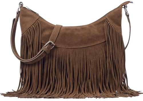 Sunwel Fashion Damen-Hobo-Tasche mit Fransen, Western-Geldbörse, Umhängetasche, veganes Wildleder, Quaste, Hippie-Umhängetasche, Kaffee